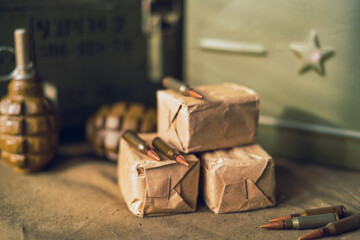 Military background, 5.45mm caliber cartridges close-up, selective focus - obrazy, fototapety, plakaty