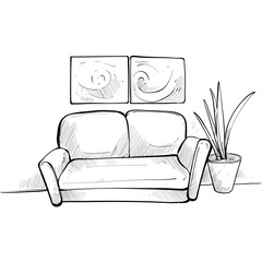 living room interior design handdrawn illustration