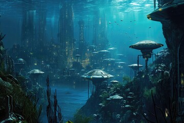 Underwater city on an oceanic alien planet with exotic marine life