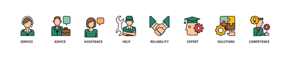 Support icon set flow process which consists of service, advice, assistance, help, reliability, expert, solutions and competence icon live stroke and easy to edit 