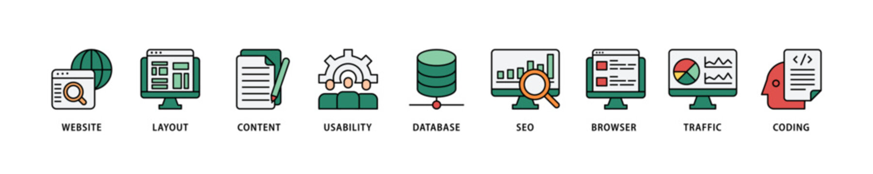 Web design icon set flow process which consists of coding, traffic, browser, usability, seo, database, content, layout, website icon live stroke and easy to edit 