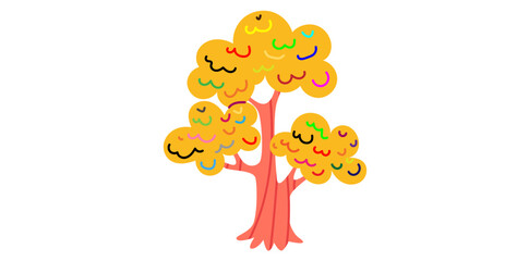 Cute Yellow Cartoon Autumn Tree Drawing Style Vector Illustration.