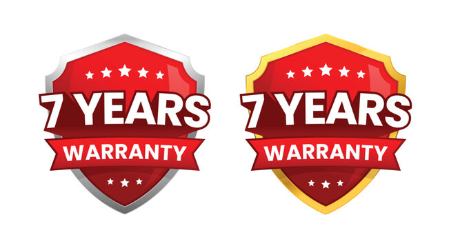 7 years warranty label or badge design, with a minimalist and shiny red shield icon isolated. Vector Illustration
