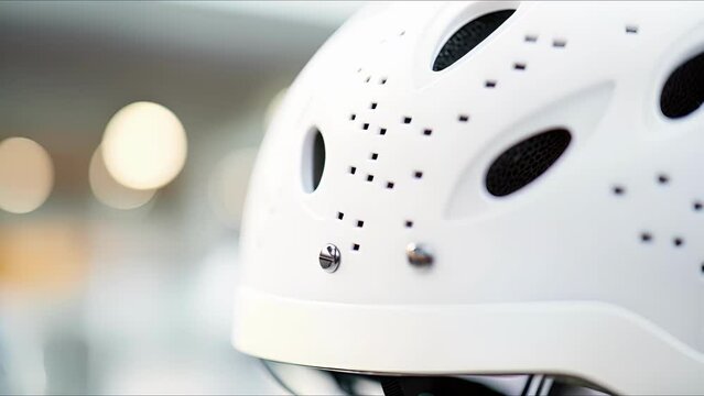 Closeup of a white skate helmet with adjustable ss and ventilation holes.
