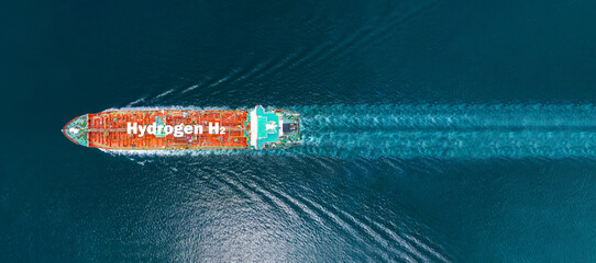 green energy . Hydrogen tanker ship. Red H2 Tanker runing in the ocean sea. petroleum ship...