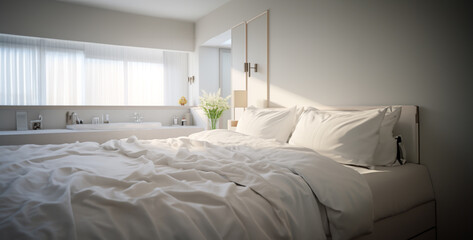 Fototapeta na wymiar bedroom in hotel, bedroom in hotel, bedroom with bed, bed in a bedroom, room with bed