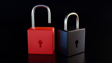 3d rendering of a glowing red padlock stands out against a row of closed black padlocks
