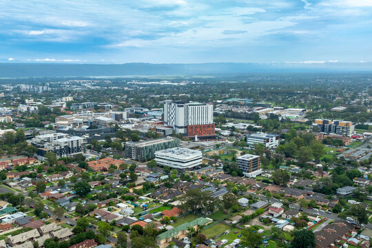 Drone aerial photograph of the Nepean Hospital complex and surrounding houses in the greater Sydney region of Australia