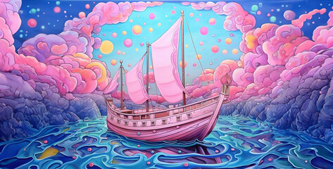 ship in the sea, Boat in the style of different shades of pink fantasy