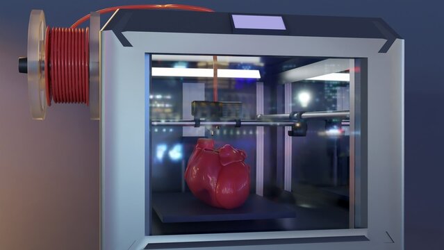 3d rendering of a 3D printer printing a model of a human heart. 3D printed anatomical models can be used for medical education, patient education, and even for creating custom prosthetics.