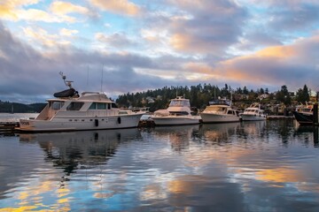 Pleasure boats docked at Friday Harbor San Juan Island Washington