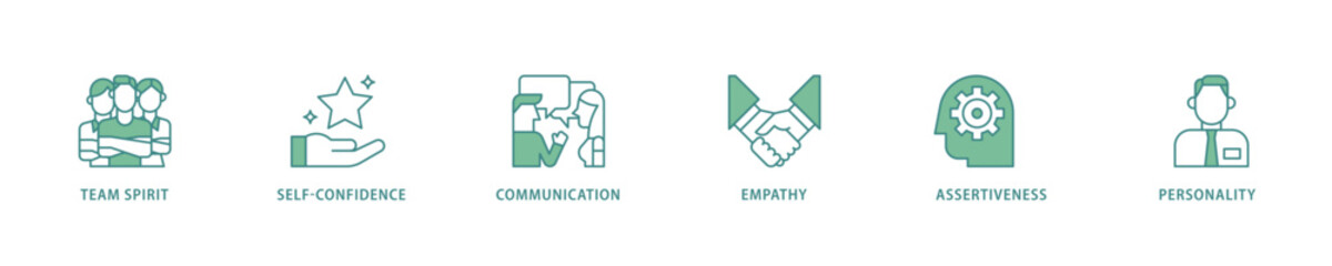 Soft skills icon set flow process which consists of team spirit, self confidence, communication, empathy, assertiveness, and personality icon live stroke and easy to edit 