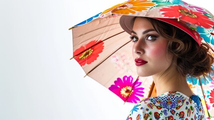 The lady contrasts the simplicity of the white background with a lively touch with her colorfully patterned Easter umbrella
