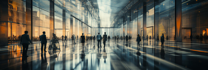 Open lobby-office space. . Modern architecture. Lots of natural light. Office workers walking through office space wearing high-end expensive business suits. Blurred image. Motion blur
