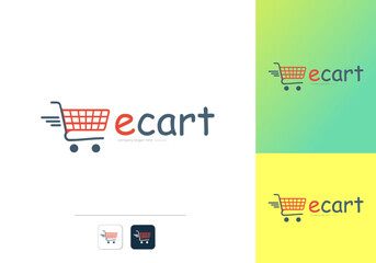 E cart logo design vector template with App Icon. 
E-commerce site, online shop creative logo design Illustration with Cart or Basket Symbol. Grocery store, supermarket, shop, mall modern Logo element