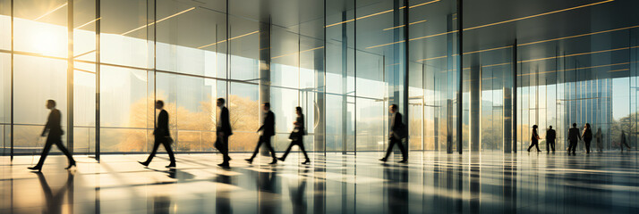 Open lobby-office space. . Modern architecture. Lots of natural light. Office workers walking through office space wearing high-end expensive business suits. Blurred image. Motion blur
