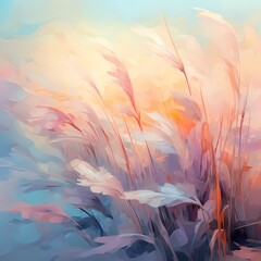 romantic painting of White flower fluff of the blady grass or (cogongrass, Japanese bloodgrass, Kunai grass, Lalang, Thatch grass). - obrazy, fototapety, plakaty