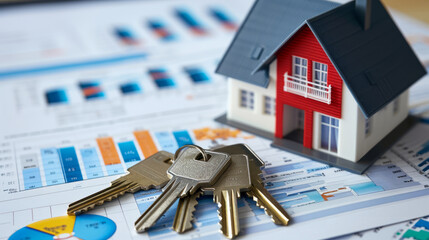 Homeownership Financial Planning with House Model and Keys - obrazy, fototapety, plakaty