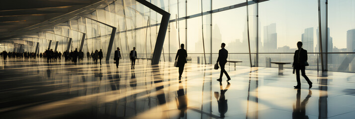 Fototapeta premium Open lobby-office space. . Modern architecture. Lots of natural light. Office workers walking through office space wearing high-end expensive business suits. Blurred image. Motion blur