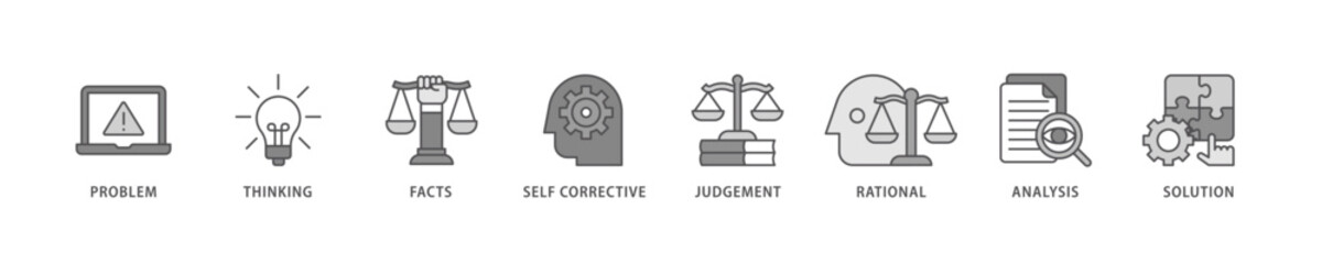 Critical thinking icon set flow process which consists of solution, analysis, self corrective, rational, judgement, facts, thinking, problem icon live stroke and easy to edit 