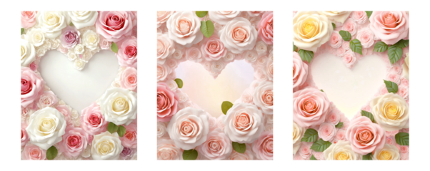 Greeting cards with roses and heart-shaped free space for text for greetings for Valentine's Day, Mother's Day and birthday and wedding anniversary.