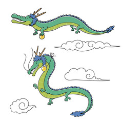 玉を持つかわいい2匹の龍と雲（カラー）