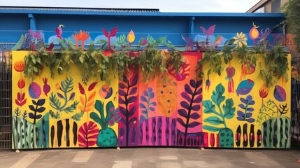 A close-up of a wall decorated with colorful artwork created by children