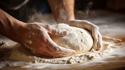 Obraz na płótnie Canvas A close-up shot of hands kneading dough for homemade bread