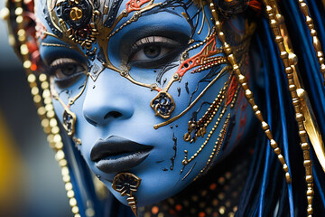 A young female wearing a cyber inspired fantasy mask
