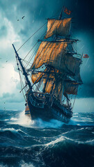 Big war sail ship on a stormy ocean