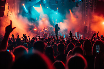 Rock festival or concert with a rock band on stage - obrazy, fototapety, plakaty