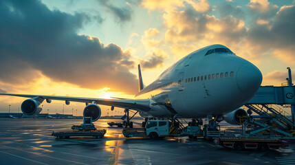 A large passenger aircraft being loaded at airport