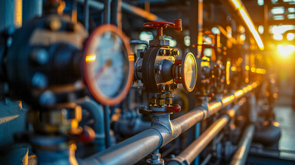 Industrial generic background, with steel pipes, valves and gauges - obrazy, fototapety, plakaty