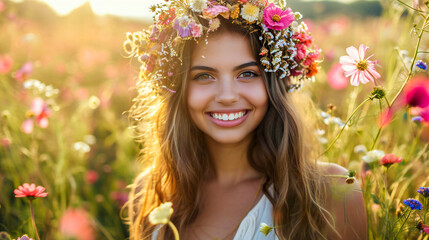 Beautiful smiling young woman with flowers in her hair