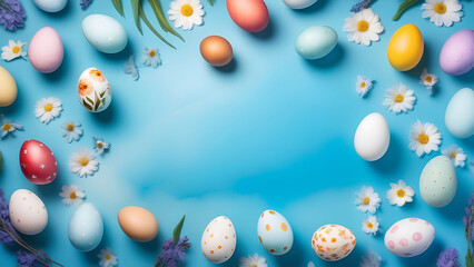Easter eggs with patterns and flowers on a blue background