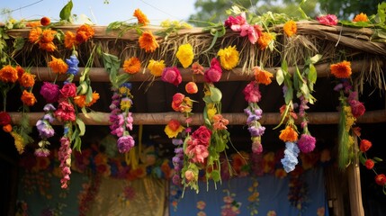 Close-up of a beautifully decorated sukkah on Shemini Atzeret, adorned with colorful flowers and hanging decorations