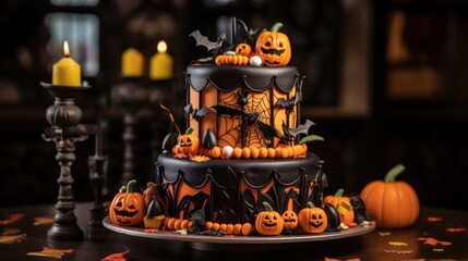 Close-up of a Halloween-themed cake with intricate decorations, showcasing the artistry of holiday-inspired culinary creations