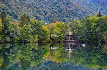 Fototapeta na wymiar Autumn landscape of Blue Lake in the Cherek Gorge