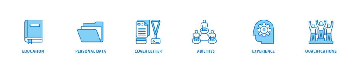 Curriculum vitae icon set flow process which consists of education, personal data, cover letter, abilities, experience and qualifications icon live stroke and easy to edit 