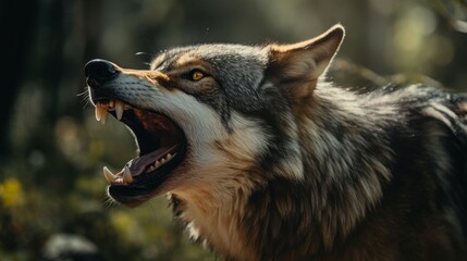 Obraz premium Close-up of a wolf's muzzle during a howl, capturing the raw power and beauty of its vocalization