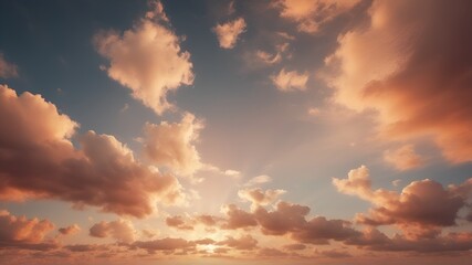 Fototapeta premium Beautiful background image of a romantic blue sky with soft fluffy Peach fuzz clouds. Panoramic natural view of a dreamy sky.