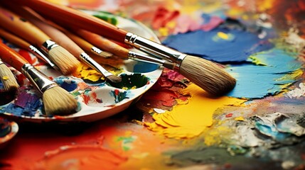 Obraz premium Close-up of an artist's paintbrushes and palette