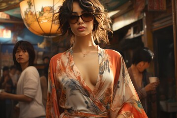 Photo Realistic of an Asian Woman in Street-Style Icon in a Trendy Kimono and Platform Shoes, Generative AI