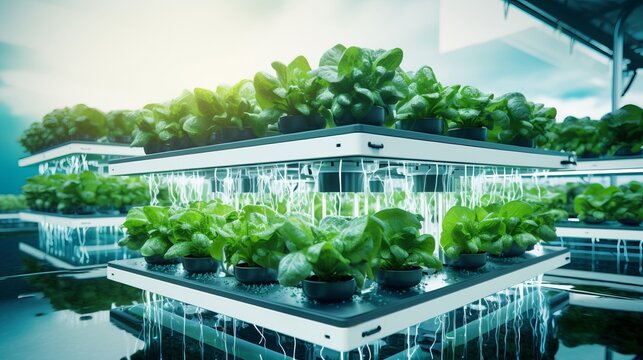 Conceptual image of a smart hydroponic farm with sensor-based nutrient delivery and crop optimization