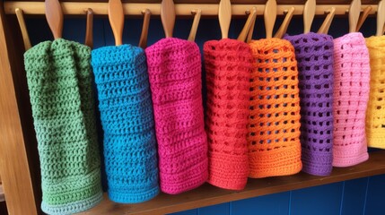 Crocheted kitchen towels in vibrant patterns, both functional and decorative