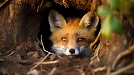 Curious fox peeking out of its underground burrow