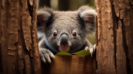 Fototapeta premium Curious koala hiding behind a tree trunk