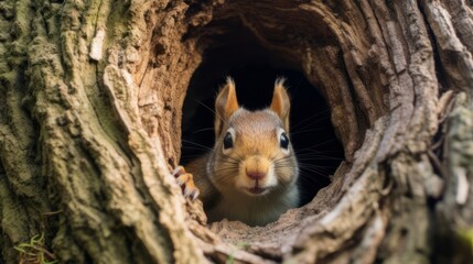Fototapeta premium Curious squirrel peeking out of a hollow tree trunk