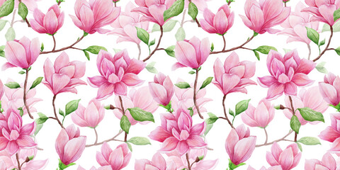 Flower Magnolia watercolor seamless pattern. Hand painted background with pink bud and leaves on white. Floral design for textile fabric or wallpaper