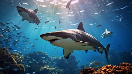 Fototapeta premium Majestic Shark Gliding through Clear Blue Waters Surrounded by Schools of Fish in a Coral Reef Ecosystem
